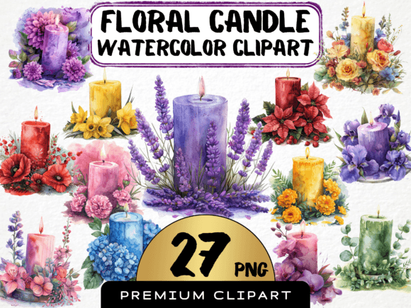 Download Watercolor Floral Candle Clipart - Candle Collection