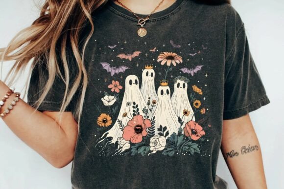 Download Vintage Cottagecore Floral Ghosts and Bats Spooky Halloween Design Png - Vintage Collection